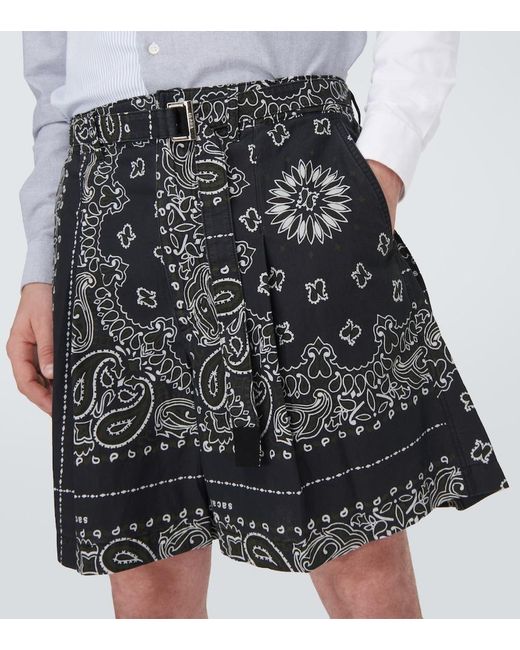 Sacai Black Bandana Cotton Poplin Shorts for men
