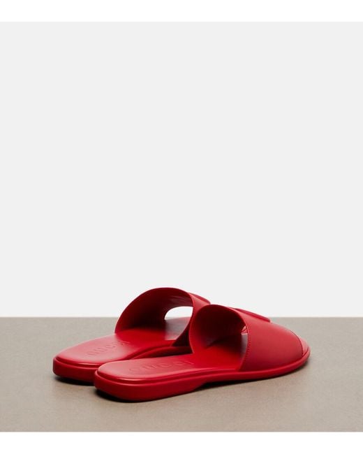Gucci Red Double G Leather Slides