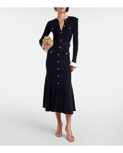 Self-Portrait Blue Ribbed-Knit Midi Dress