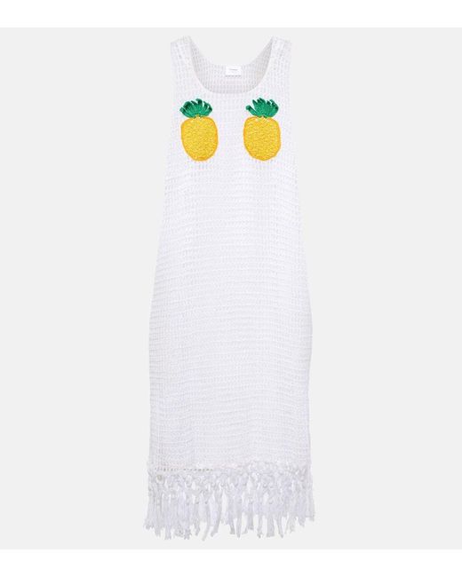 Anna Kosturova White Pineapple Mesh Fringed Crochet Cotton Minidress