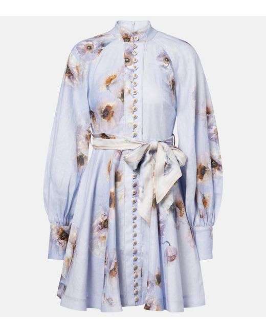 Zimmermann Blue Lilac Poppy Print Linen Hypnotic Mini Dress