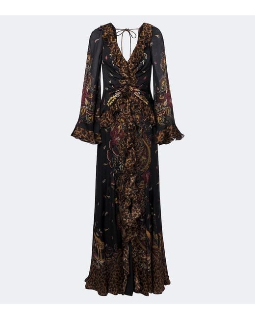 Etro Black Printed Ruched Silk Maxi Dress