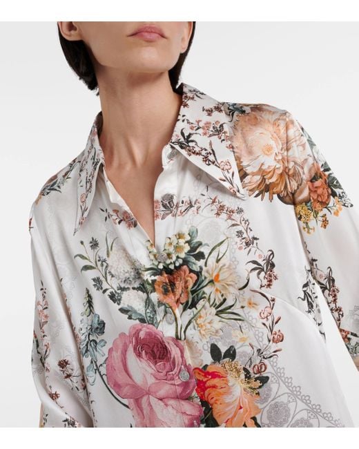 Robe chemise en satin de soie a fleurs Camilla en coloris White