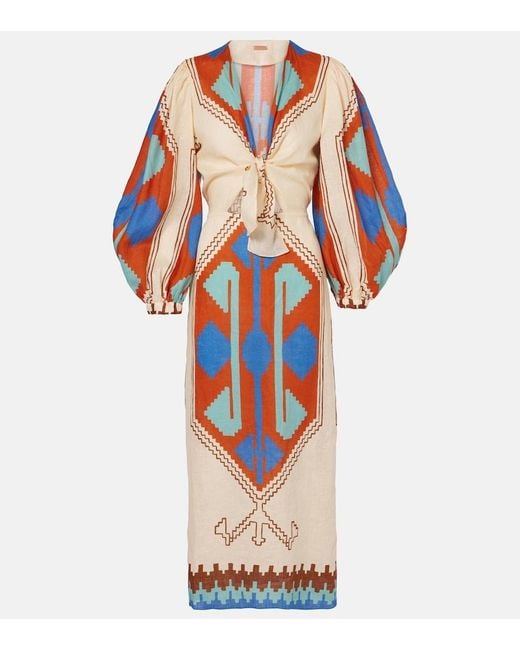 Johanna Ortiz Orange Printed Tie-Detail Linen Midi Dress