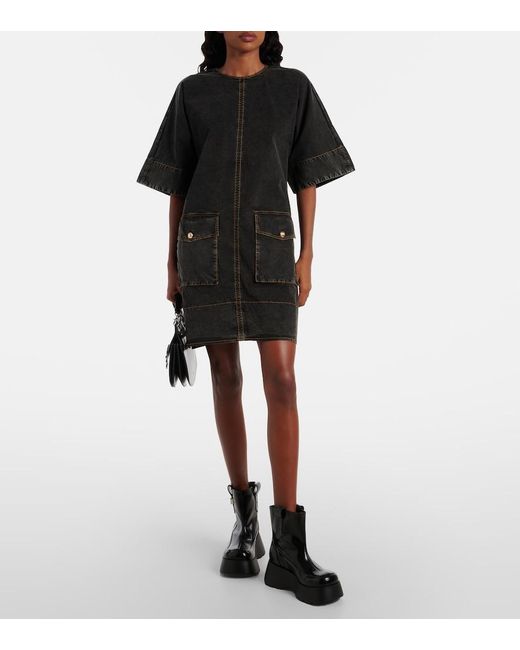 Ganni Washed Stretch Cotton Boxy Kimono Mini Dress in Black | Lyst