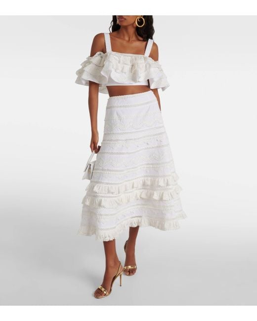 Carolina Herrera White Embroidered Tiered Cotton Midi Skirt