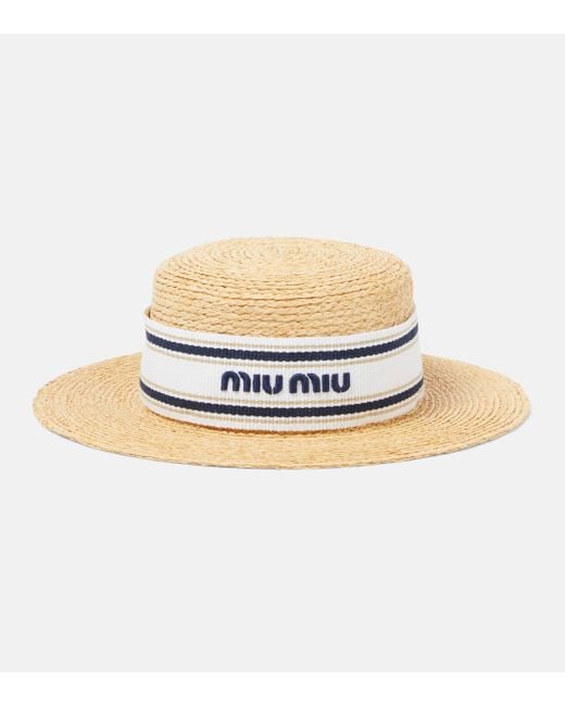 Miu Miu White Logo Raffia Boater Hat