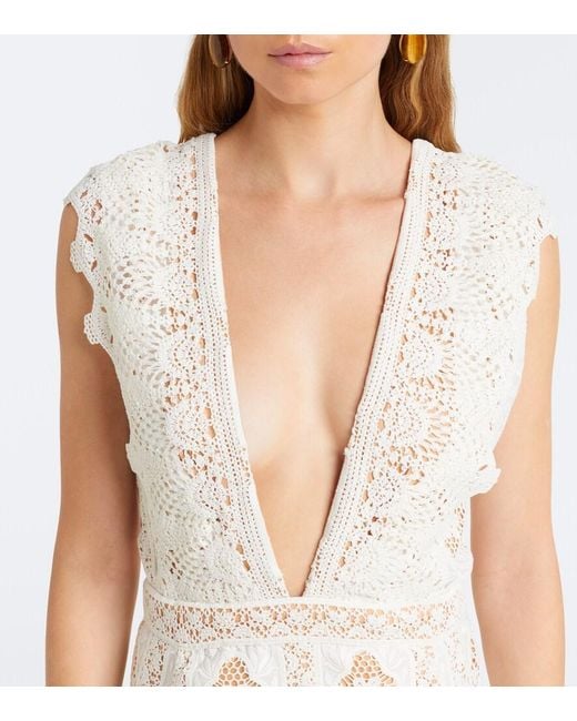 Johanna Ortiz White Embroidered Crochet Midi Dress