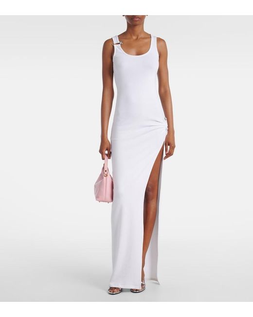 Versace White Safety Pin Draped Cotton-Blend Maxi Dress