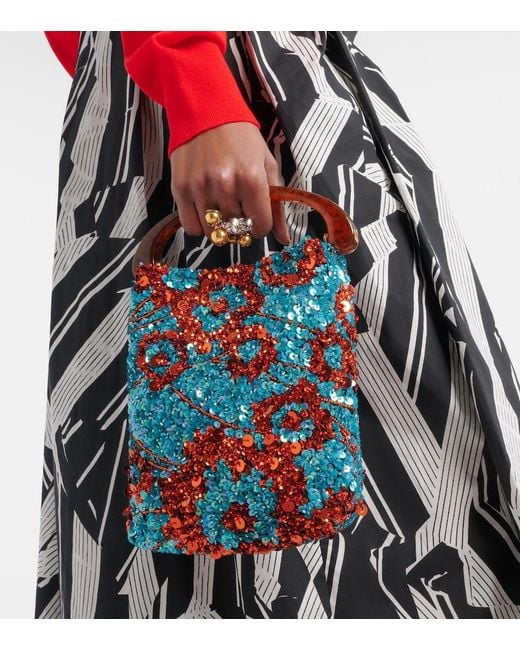 Dries Van Noten Blue Crisp Small Sequined Satin Top-Handle Bag