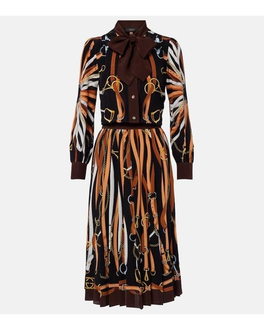 Gucci Brown Printed Tie-Neck Silk Shirt Dress