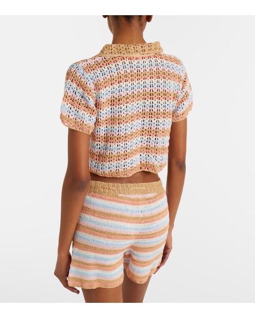 Anna Kosturova Pink Crochet Striped Cotton Polo Shirt