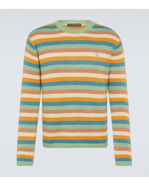 Acne Yellow Face Striped Cotton Sweater for men