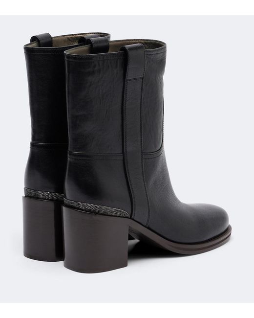 Brunello Cucinelli Black Monili Leather Ankle Boots