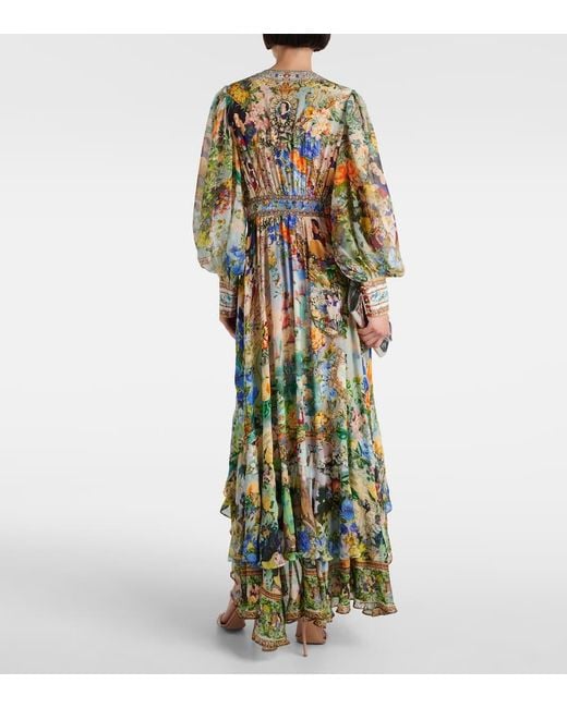 Robe Longue En Soie Imprimee Camilla en coloris Green