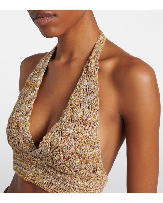 Valentino Metallic Open-Knit Linen-Blend Lame Crop Top