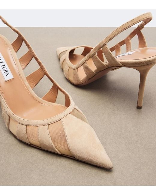Aquazzura Natural Screen Suede And Mesh Slingback Pumps