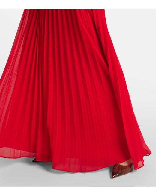 Self-Portrait Red Pleated Off-Shoulder Chiffon Gown