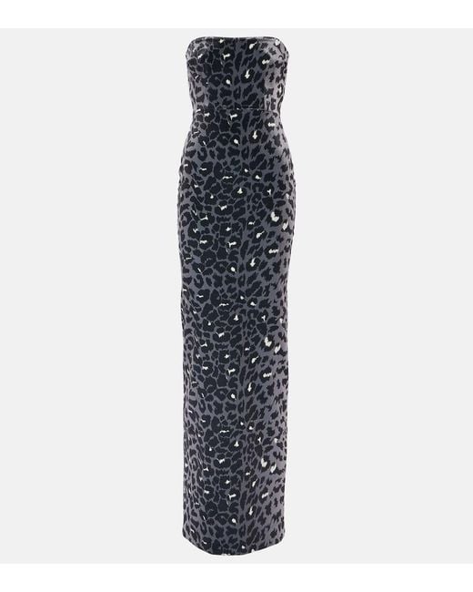 Alex Perry Blue Leopard-print Strapless Velvet Midi Dress