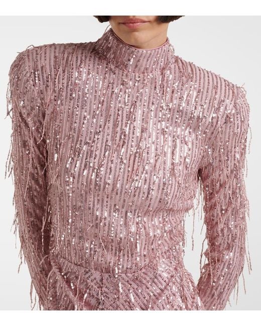 ROTATE BIRGER CHRISTENSEN Pink Fringed Ruched Lurex Cocktail Dress