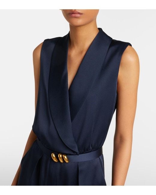 Max Mara Blue Elegante Belted Satin Jumpsuit