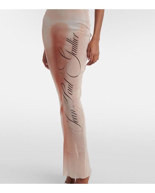 Jean Paul Gaultier Pink Bedrucktes Maxikleid Le Classique Aus Mesh
