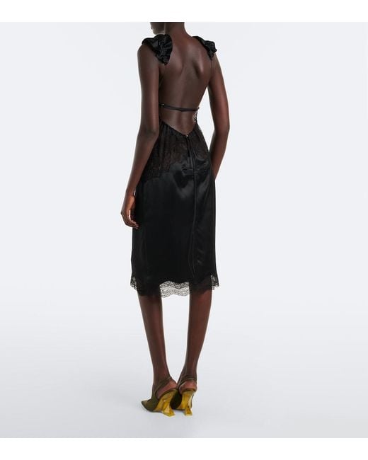 The Attico Black Lace-Trimmed Satin Midi Dress