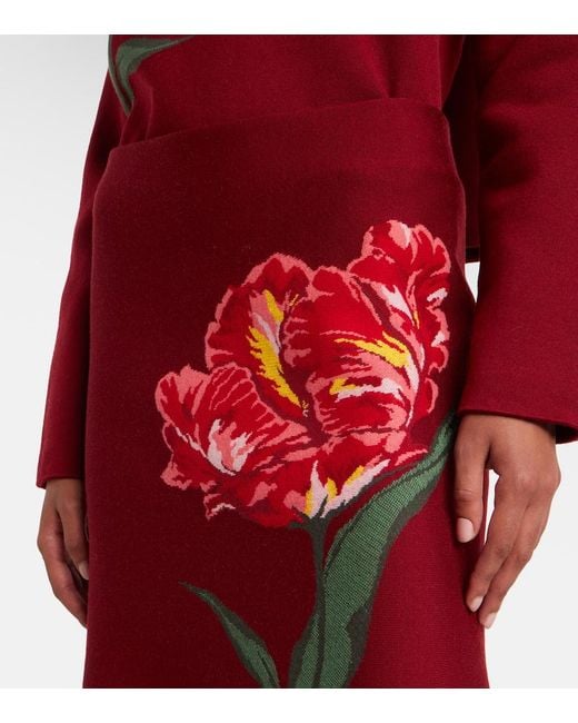 Carolina Herrera Red Floral Jacquard Cotton And Wool Midi Skirt