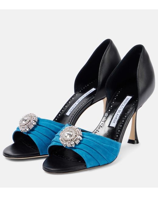 Manolo Blahnik Blue Ansak 90 Embellished Suede Mules
