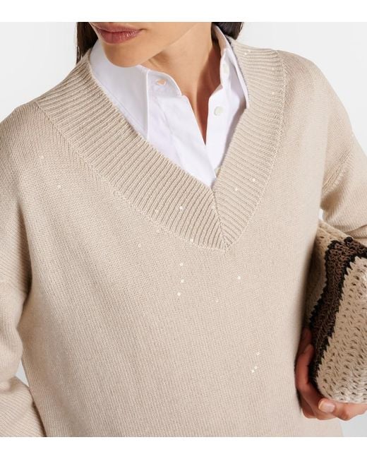 Brunello Cucinelli White Embellished Cashmere And Silk Sweater