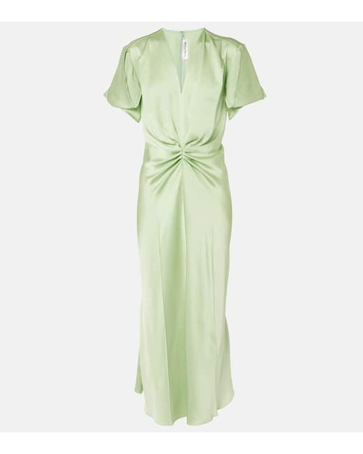 Victoria Beckham Green Gathered Crepe Satin Midi Dress