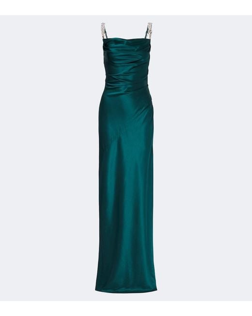 Balmain Green Embellished Ruched Silk Satin Gown
