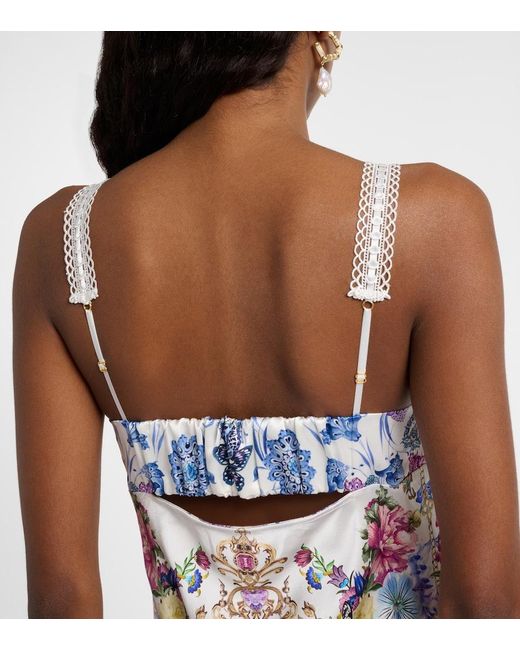Camilla Blue Embellished Printed Silk Satin Midi Dress
