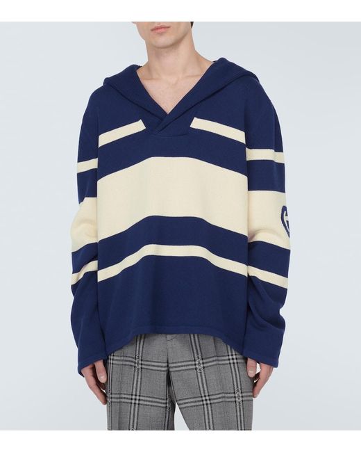 Gucci Blue Interlocking G Striped Cotton Sweater for men