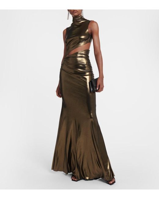 Blumarine Green Cutout Ruched Metallic Gown