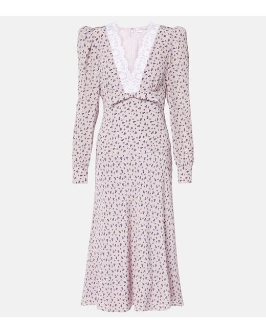 Alessandra Rich Purple Floral Lace-Trimmed Silk Midi Dress