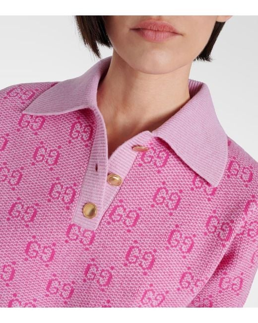 Gucci Pink GG Cropped Wool Jacquard Polo Shirt