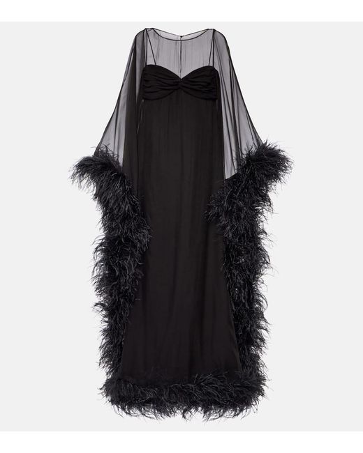 Valentino Black Caped Feather-trimmed Silk Gown