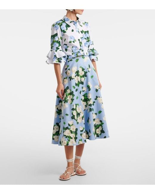 Carolina Herrera Blue Floral Ruffled Cotton-Blend Shirt