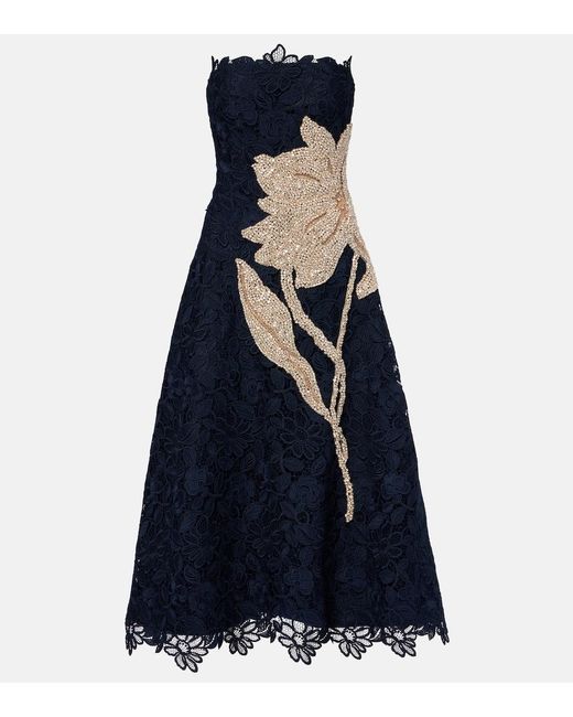 Costarellos Blue Mariela Applique Lace Gown