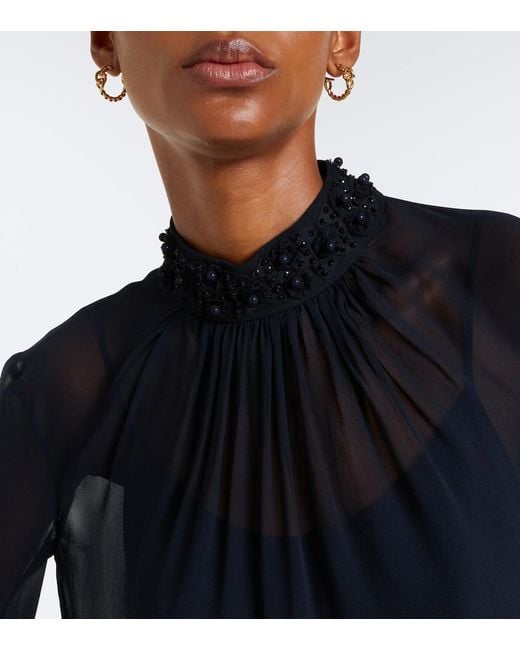 Max Mara Blue Embellished Sheer Blouse
