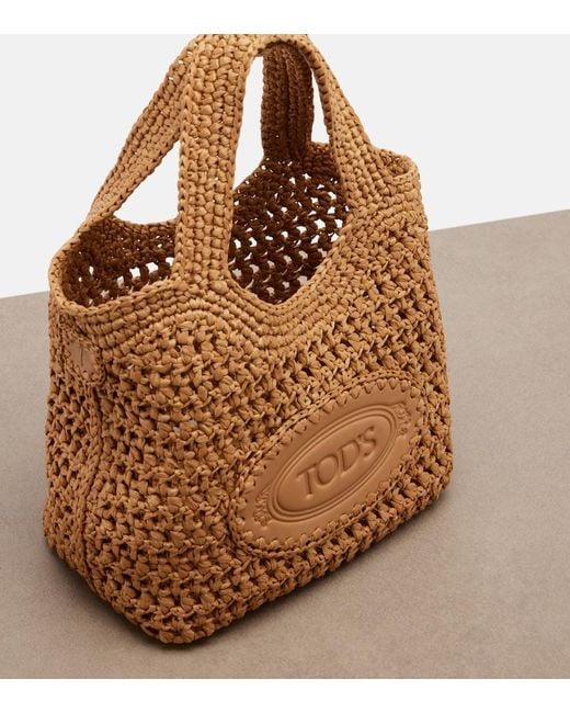 Tod's Brown Logo Leather-Trimmed Raffia Top-Handle Bag