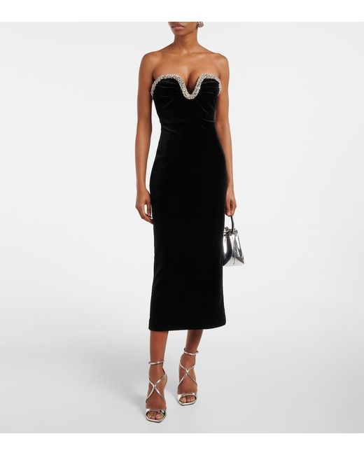 Roland Mouret Black Embellished Strapless Velvet Midi Dress