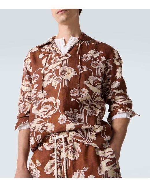 Commas Brown Floral Tie-Neck Linen Shirt for men