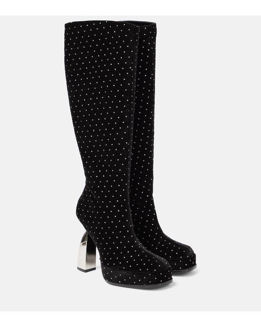 NODALETO Black Angel S Embellished Velvet Knee-High Boots