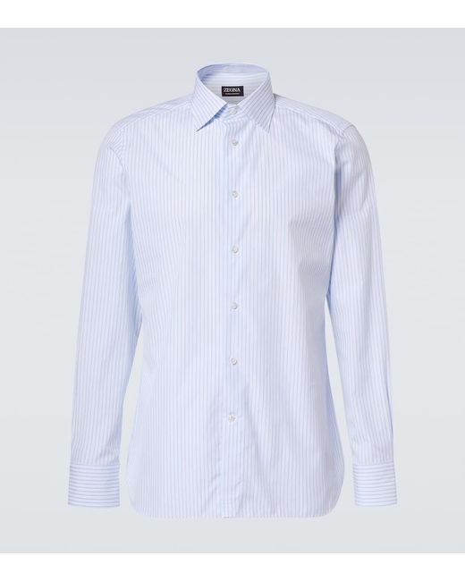 Zegna Blue Striped Cotton Oxford Shirt for men