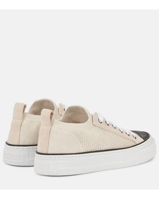 Brunello Cucinelli White Monili Suede-Trimmed Low-Top Sneakers