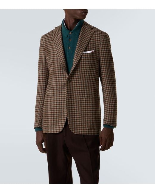 Kiton Brown Checked Wool, Silk, And Linen Blazer for men