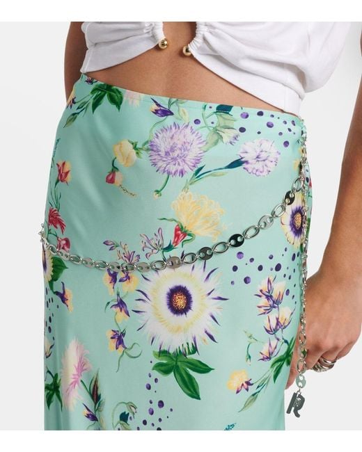 Rabanne Green Chain-Detail Floral Satin Maxi Skirt