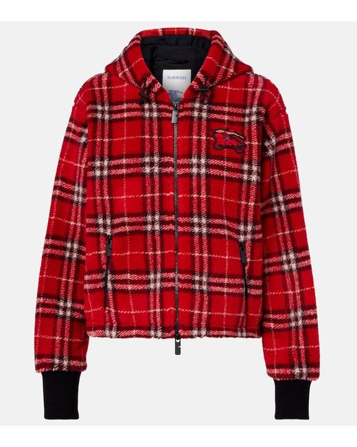 Burberry Red Cropped Check Fleece Hooded Jacket
